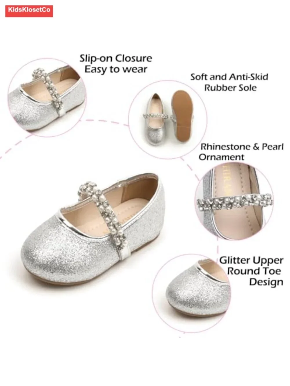 Toddler Ballet Flats with Rhinestone Pearl - Dress Shoes for Wedding Party